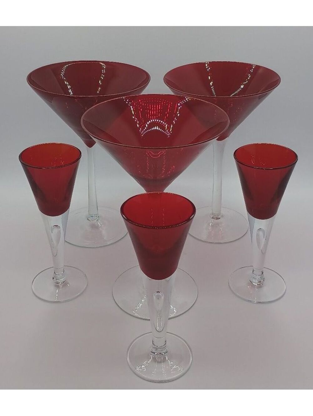 Vintage Red Martini and Cordial Glasses Set of 6 with bubble stem teardrops.